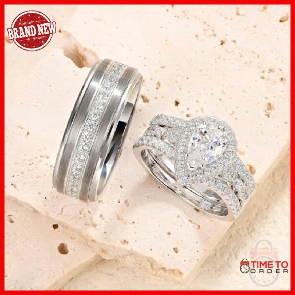 Pear Shape Cubic Zirconia Wedding Ring Set Sterling Silver Tungsten - Picture 5 of 8